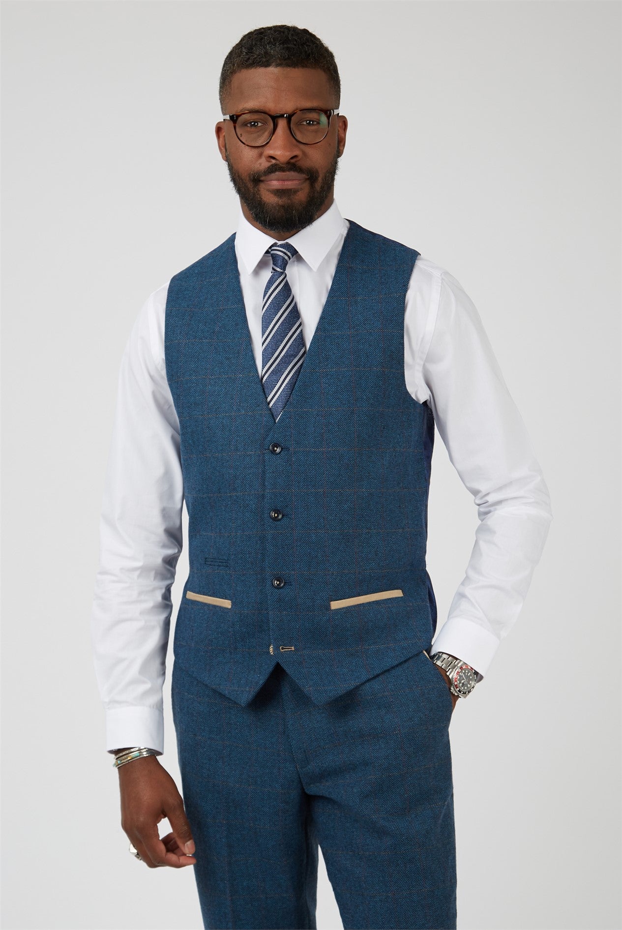 Marc Darcy Dion Blue Herringbone Check Slim Fit Waistcoat The Black Bicycle