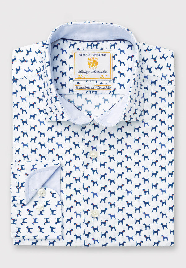 Navy and Blue Terrier Print Business Casual Cotton Stretch Print Shirt (4425CT)