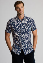Load image into Gallery viewer, Regular Fit Navy Oversized Leaf Print Linen Cotton Short Sleeve Shirt (4741B)