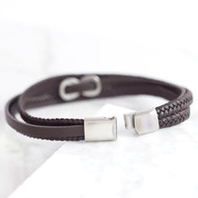 Load image into Gallery viewer, Mens Brown Leather Stainless Steel Infinity Bracelet