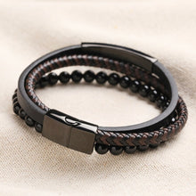 Load image into Gallery viewer, Men's Onyx Bead and Leather Triple Layered Bracelet