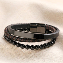Load image into Gallery viewer, Men's Onyx Bead and Leather Triple Layered Bracelet