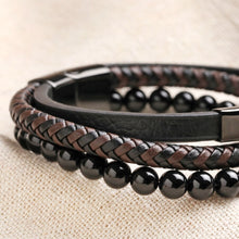Load image into Gallery viewer, Men's Onyx Bead and Leather Triple Layered Bracelet