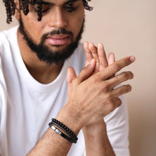 Load image into Gallery viewer, Men's Onyx Bead and Leather Triple Layered Bracelet