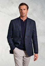 Load image into Gallery viewer, Tailored Fit Pacino Navy Check Pure Linen Peak Lapel Jacket