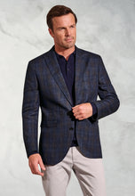 Load image into Gallery viewer, Tailored Fit Pacino Navy Check Pure Linen Peak Lapel Jacket