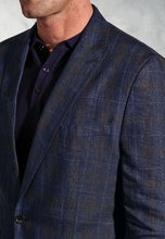 Load image into Gallery viewer, Tailored Fit Pacino Navy Check Pure Linen Peak Lapel Jacket