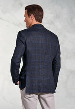 Load image into Gallery viewer, Tailored Fit Pacino Navy Check Pure Linen Peak Lapel Jacket