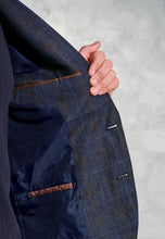 Load image into Gallery viewer, Tailored Fit Pacino Navy Check Pure Linen Peak Lapel Jacket