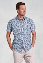 Load image into Gallery viewer, Regular Fit Blue Botanical Palm Print Slub Cotton Short Sleeve Shirt (4574A)