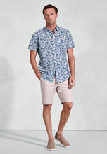 Load image into Gallery viewer, Regular Fit Blue Botanical Palm Print Slub Cotton Short Sleeve Shirt (4574A)