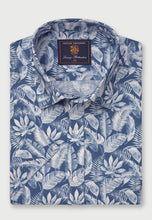 Load image into Gallery viewer, Regular Fit Blue Botanical Palm Print Slub Cotton Short Sleeve Shirt (4574A)