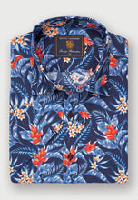 Load image into Gallery viewer, Regular Fit Navy Bird of Paradise Tropical Print Short Sleeve Shirt (4589B)