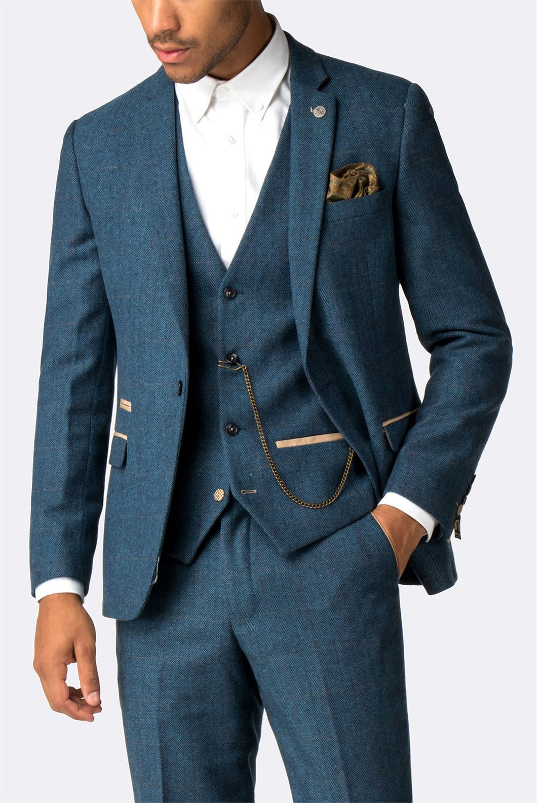 Marc Darcy Dion Blue Herringbone Check Slim Fit Suit
