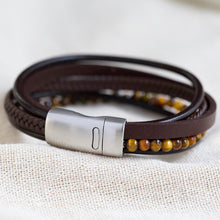 Load image into Gallery viewer, Men's Leather and Tiger Eye Bead Bracelet