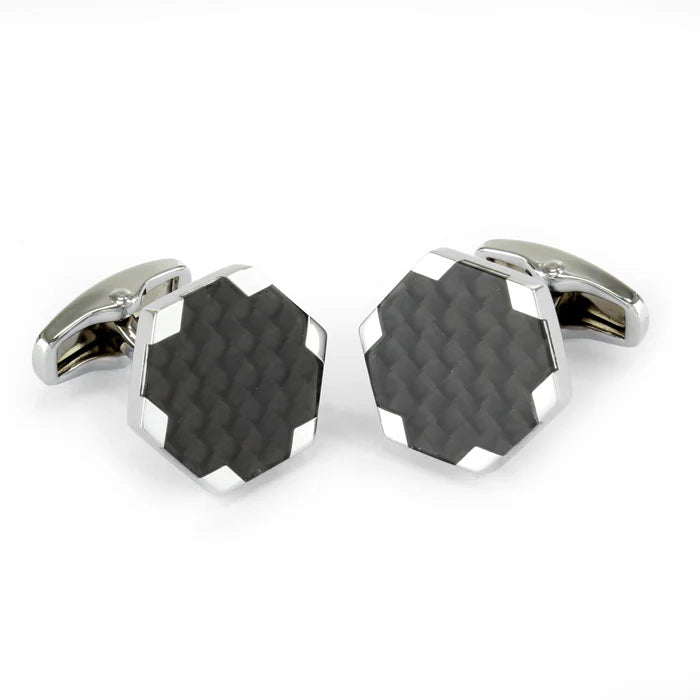 Polished Silver Finish Carbon Fibre Hexagon Cufflinks