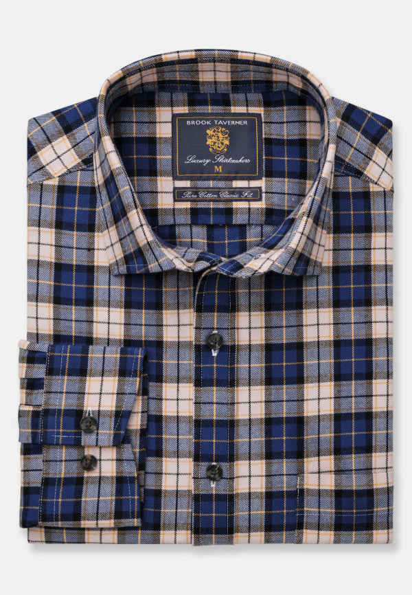 Navy, Blue and Gold Check Brushed Cotton Shirt (4276A)