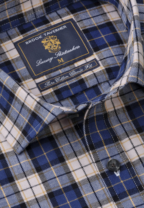 Navy Blue and Gold Check Brushed Cotton Shirt 4276A The Black