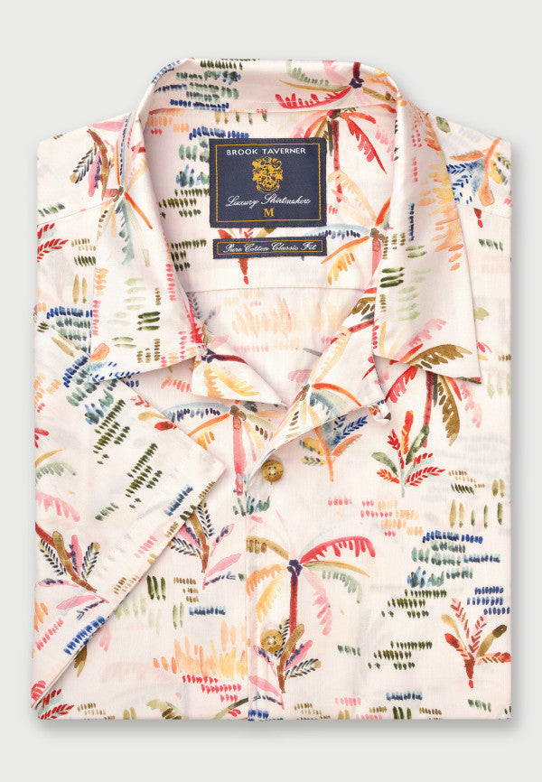 Ecru with Multicoloured Palm Tree Fun and Lively Print Short Sleeve Shirt (4364A)