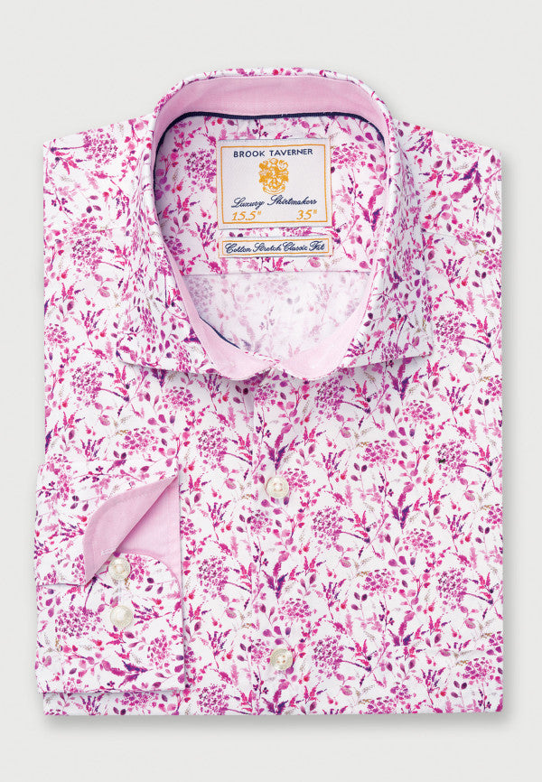 Cerise Floral Print Business Casual Cotton Stretch Shirt (4425BT)