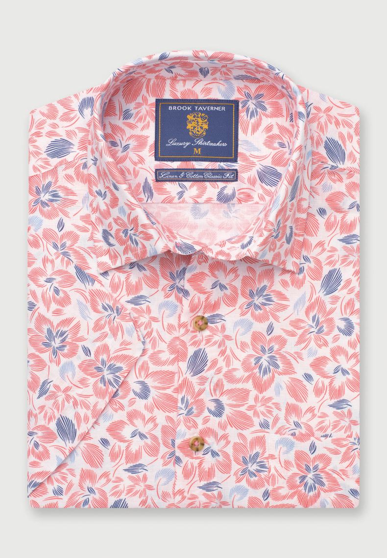 Regular Fit Rose Floral Print Linen Cotton Short Sleeve Shirt - 4479B