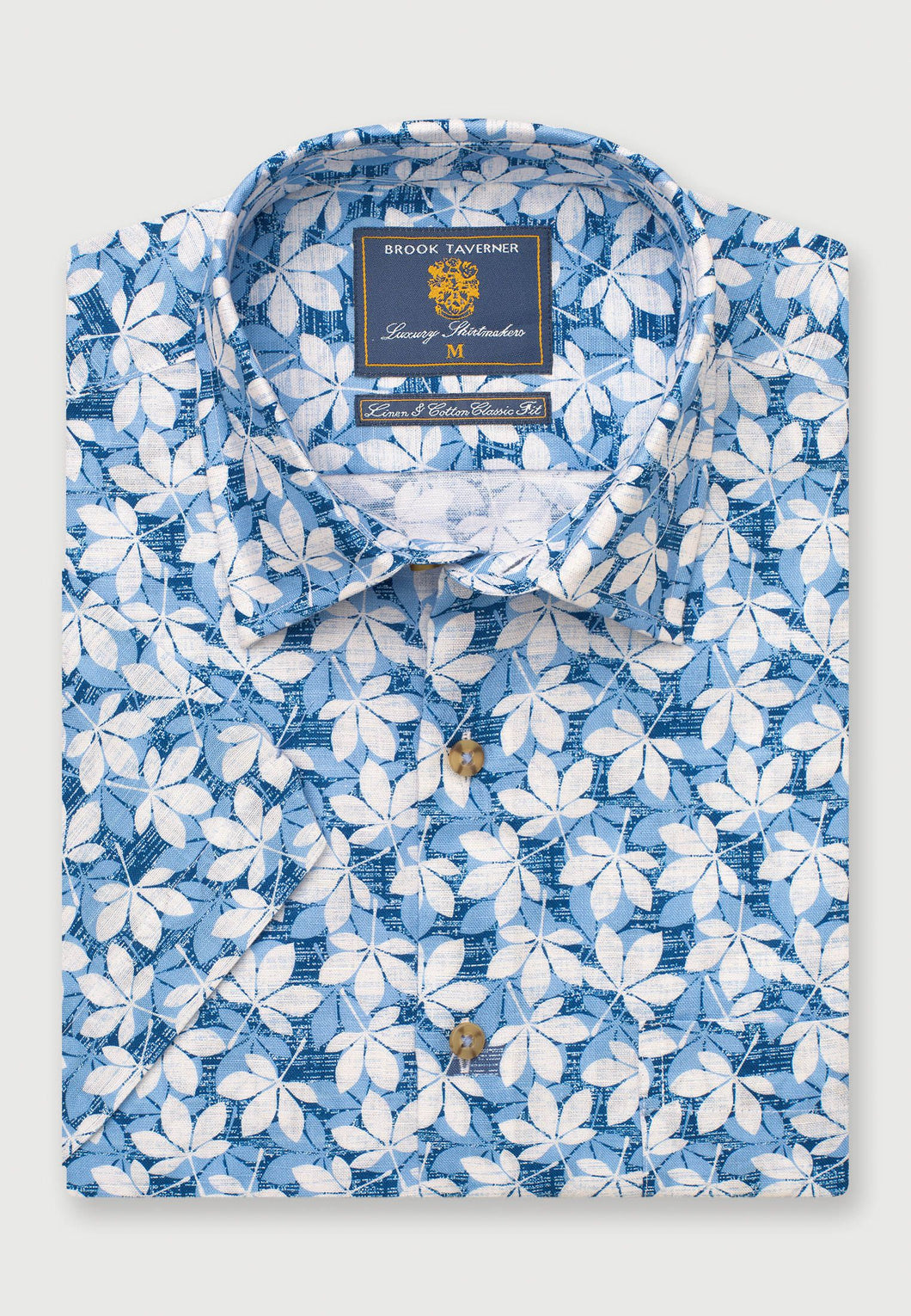 Regular Fit Blue Floral Print Linen Cotton Short Sleeve Shirt (4479C)