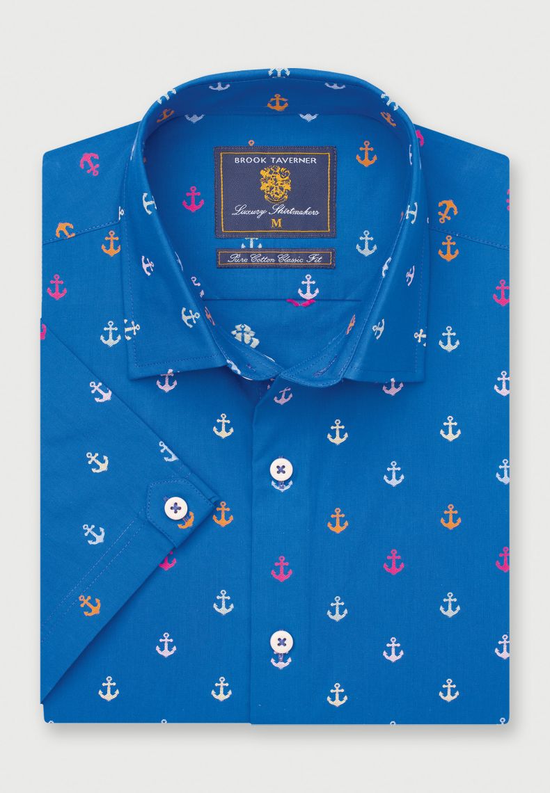 Regular Fit Sea Blue Cotton Short Sleeve Shirt (4484A)