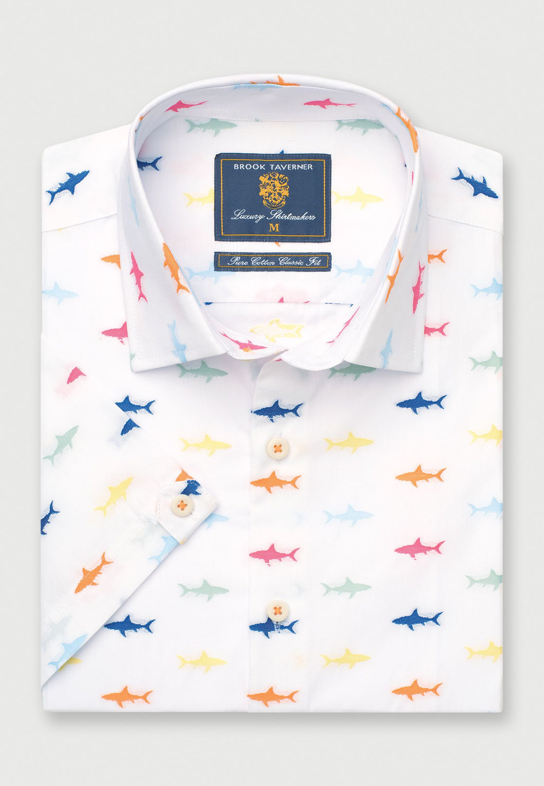 Regular Fit White with Sharks Cotton Short Sleeve Shirt (4484B)