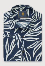 Load image into Gallery viewer, Regular Fit Navy Oversized Leaf Print Linen Cotton Short Sleeve Shirt (4741B)
