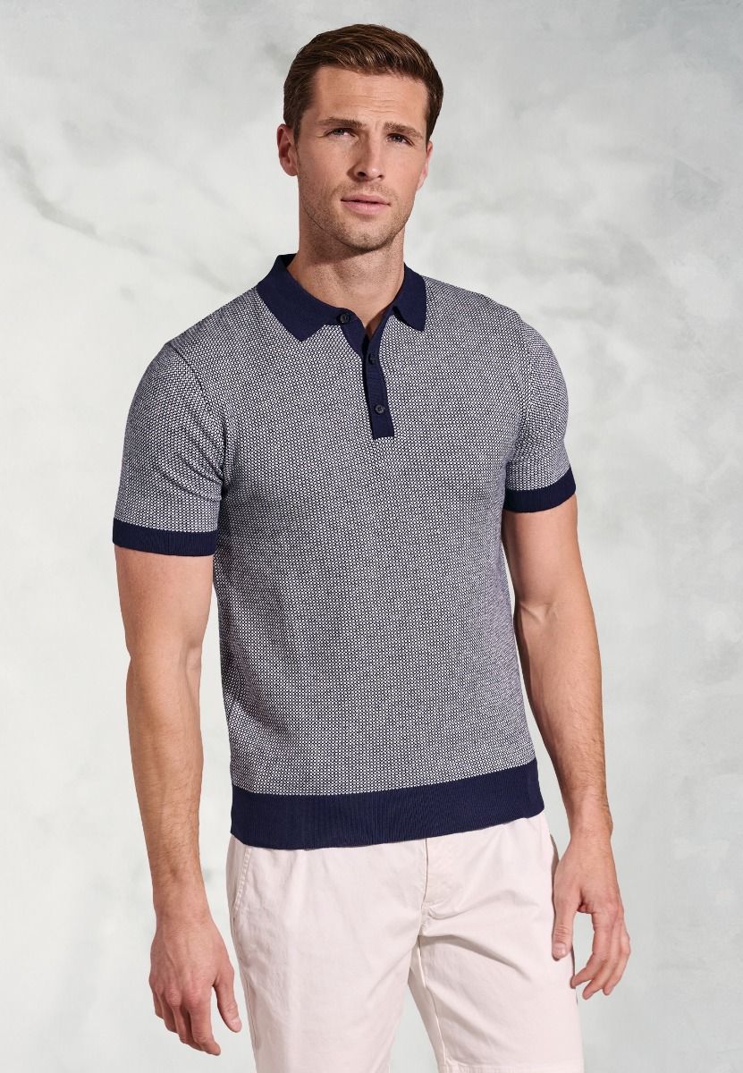 Cruise Navy Geometric Knit Cotton Polo Shirt