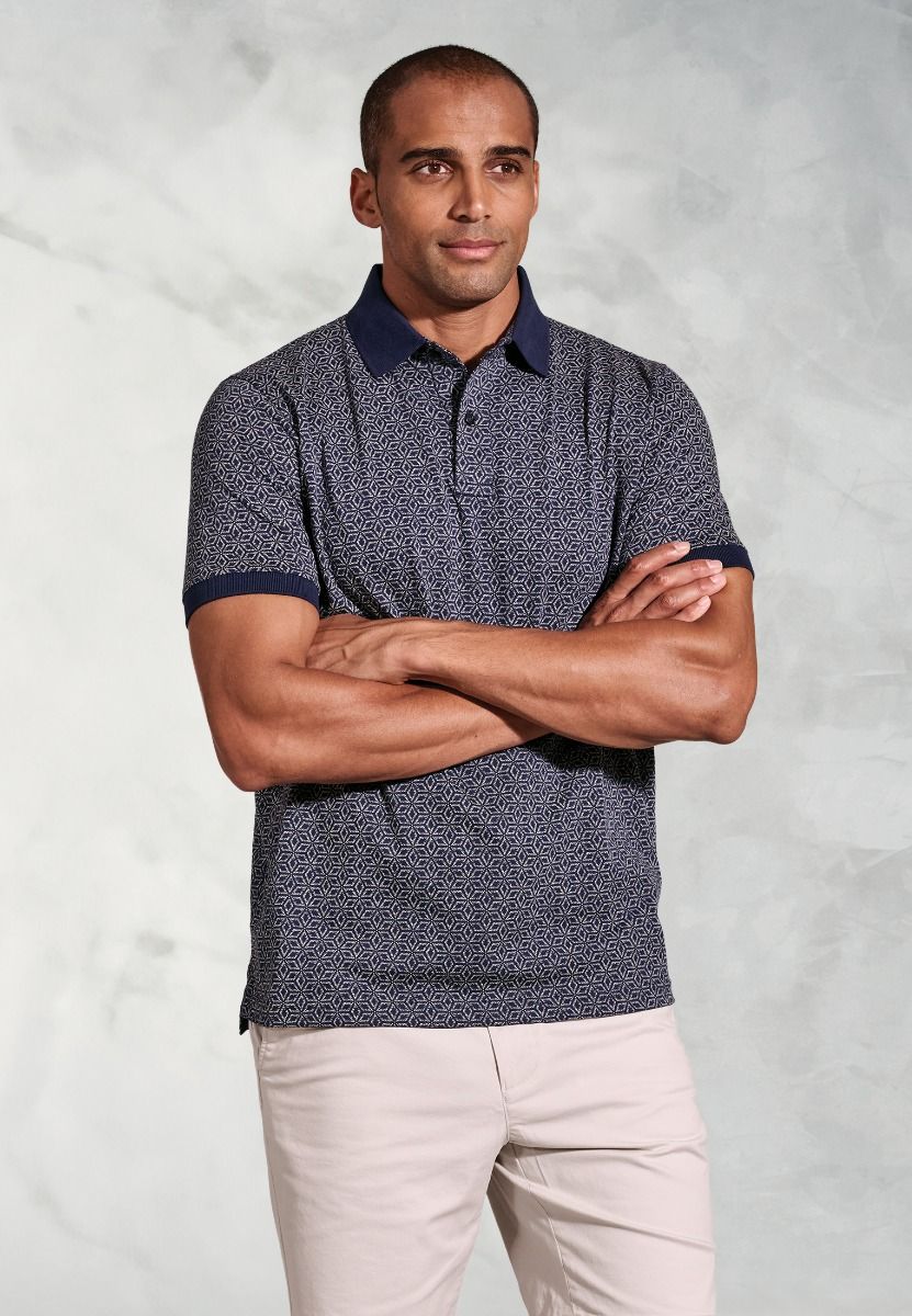 Hiddleston Navy Geometric Print Polo Shirt (4613B)
