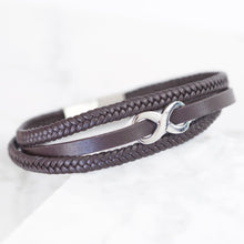 Load image into Gallery viewer, Mens Brown Leather Stainless Steel Infinity Bracelet
