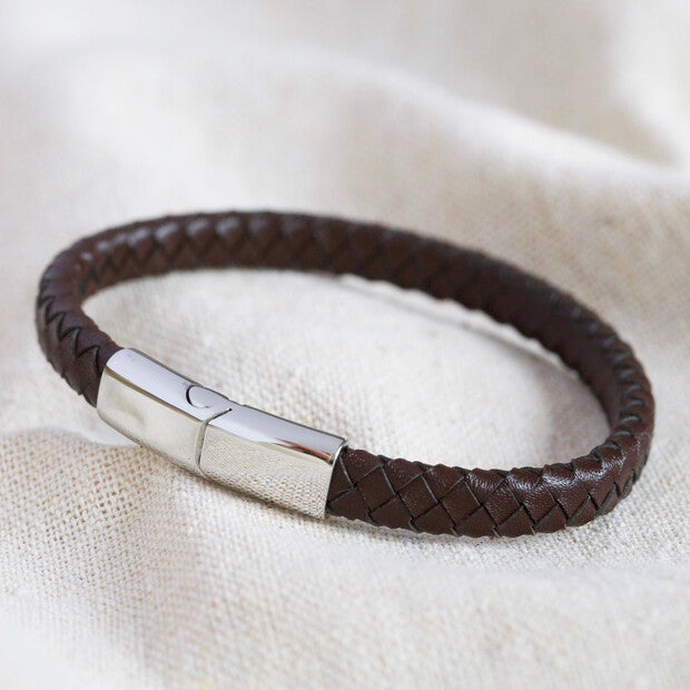 Men's Brown Woven Leather Bracelet with Shiny Clasp