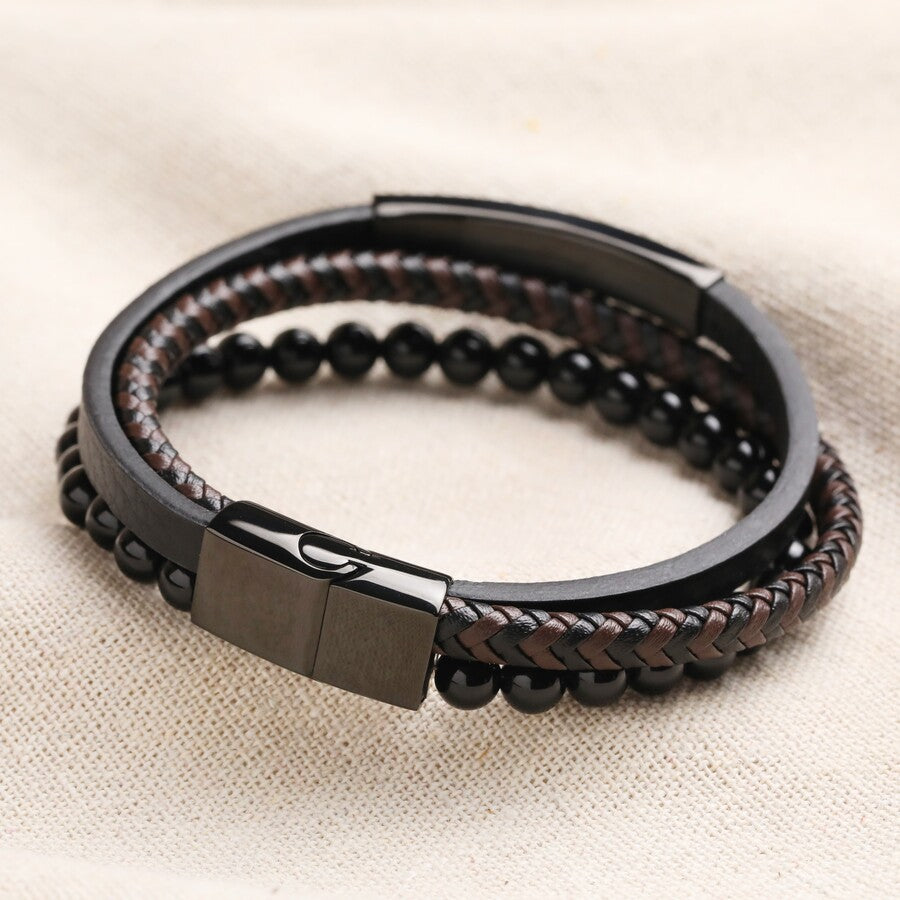 Men's Onyx Bead and Leather Triple Layered Bracelet