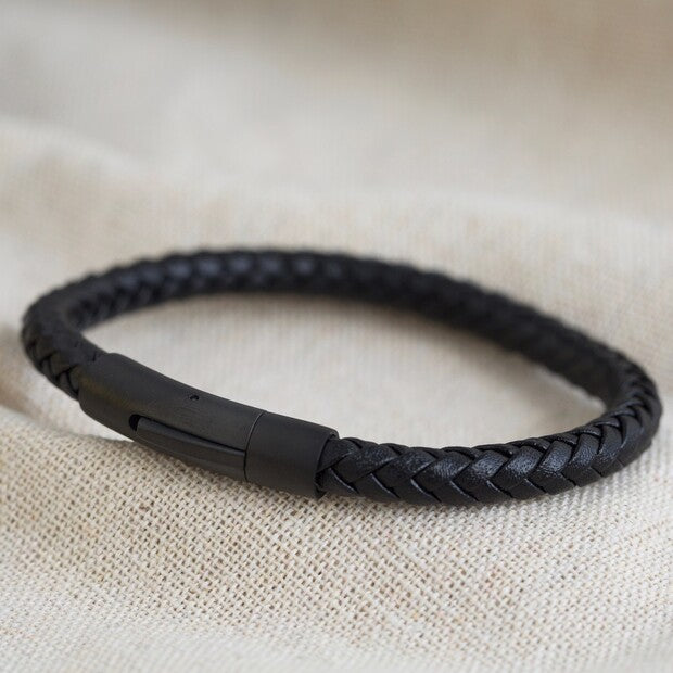 Men's Black Leather Bracelet with Matte Black Clasp