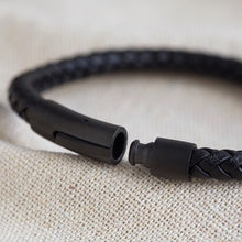 Load image into Gallery viewer, Men&#39;s Black Leather Bracelet with Matte Black Clasp
