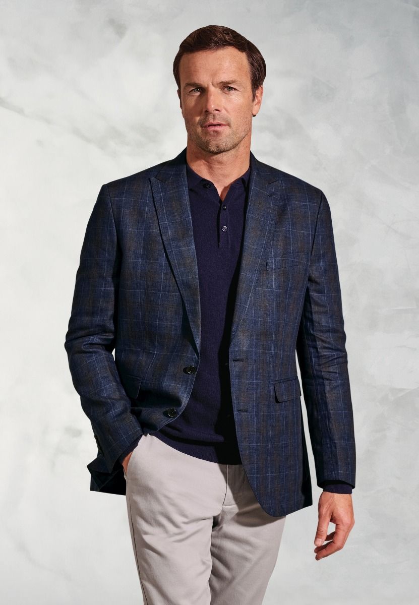 Tailored Fit Pacino Navy Check Pure Linen Peak Lapel Jacket – The Black ...