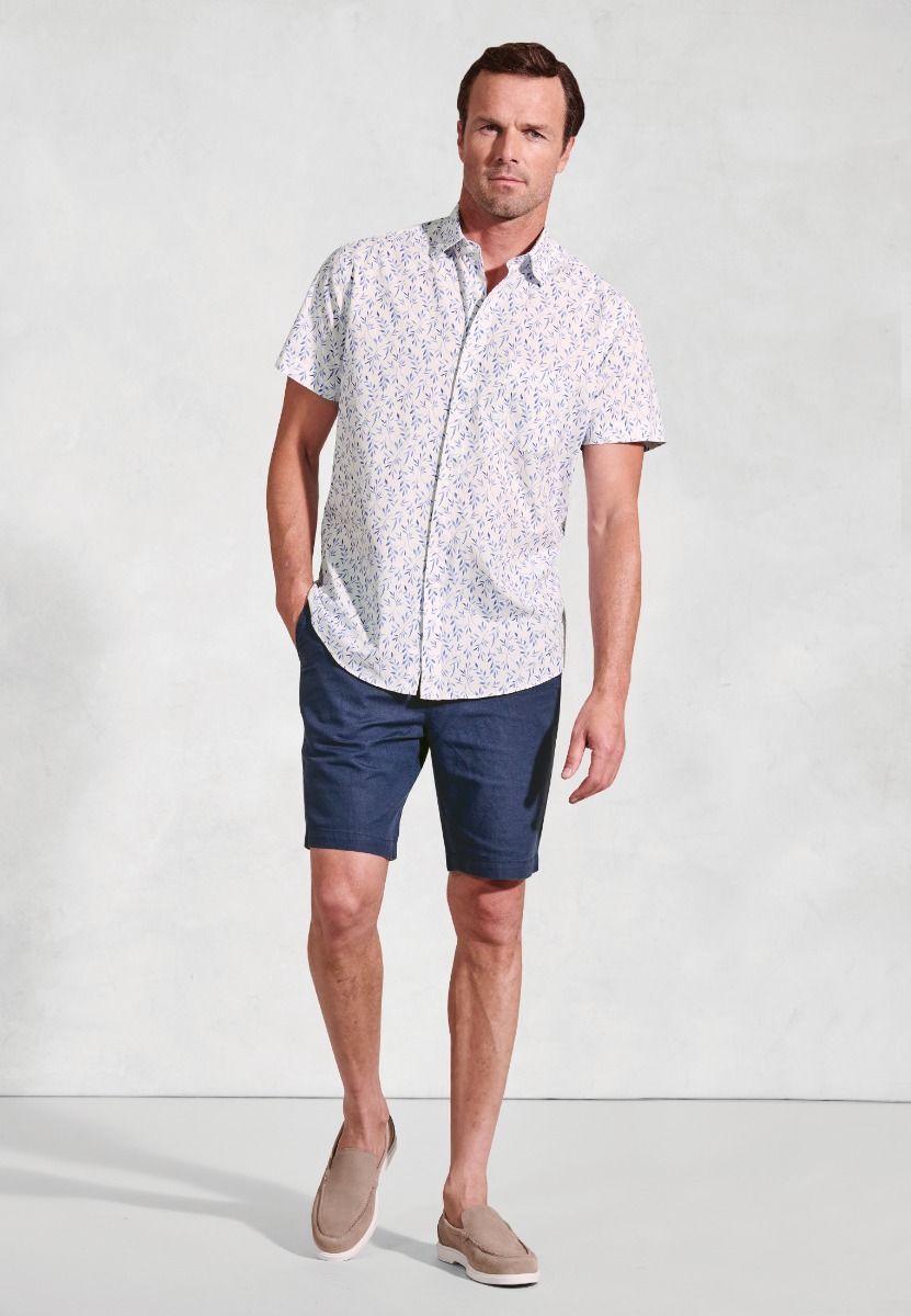 Regular Fit Printed Leaf Cotton Slub Short Sleeve Shirt (4574C)