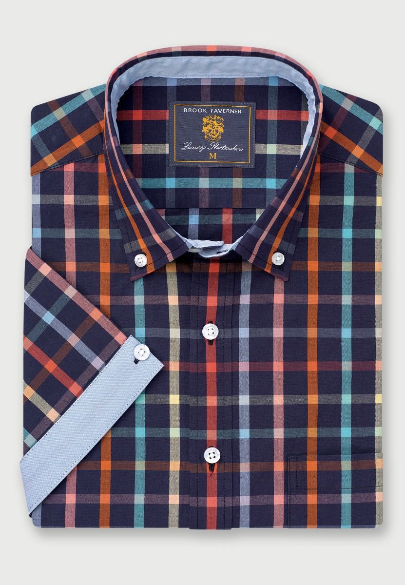 Regular Fit Navy Check 'Portofino' Short Sleeve Shirt