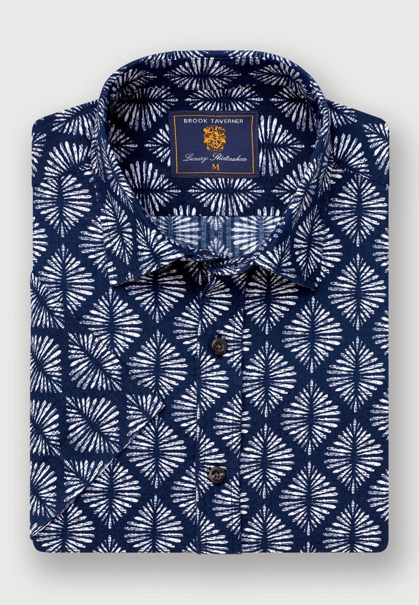 Regular Fit Navy Geometric Print Seersucker Short Sleeve Shirt (4588a)