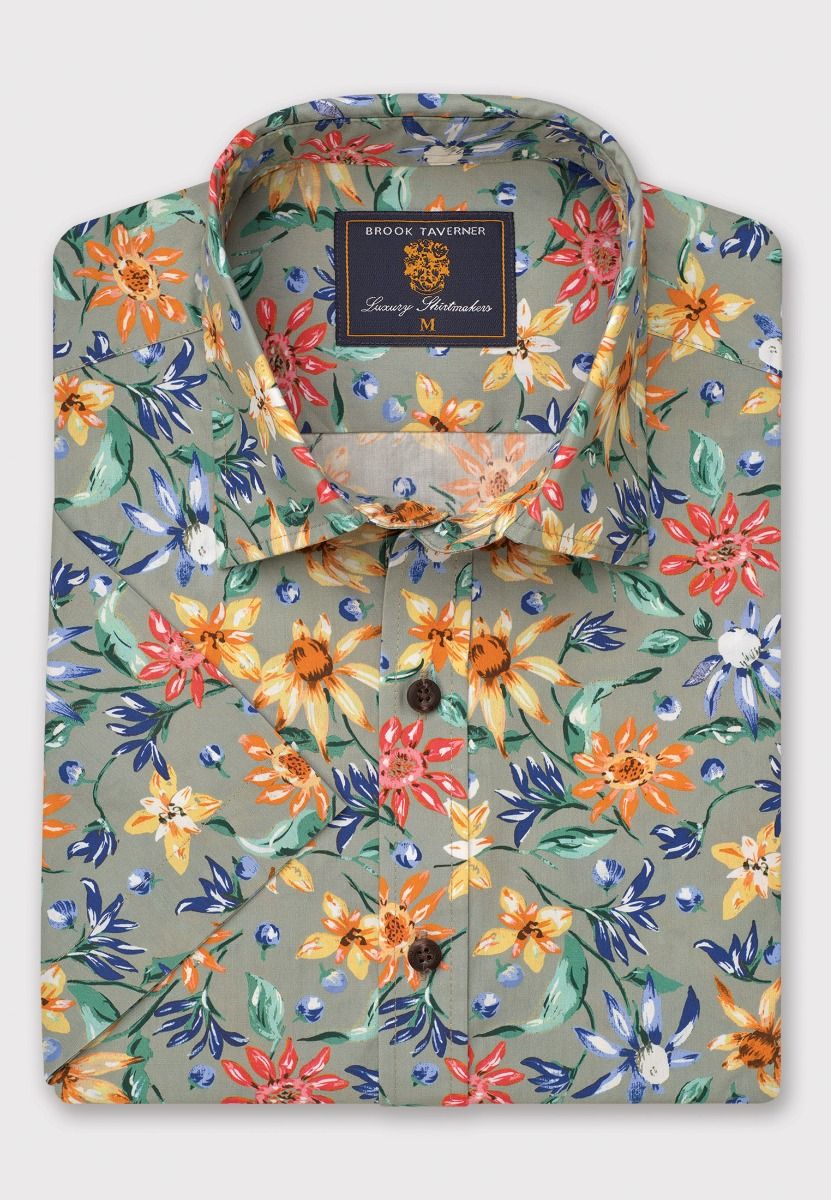 Regular Fit Sage Retro Tropical Print Short Sleeve Shirt