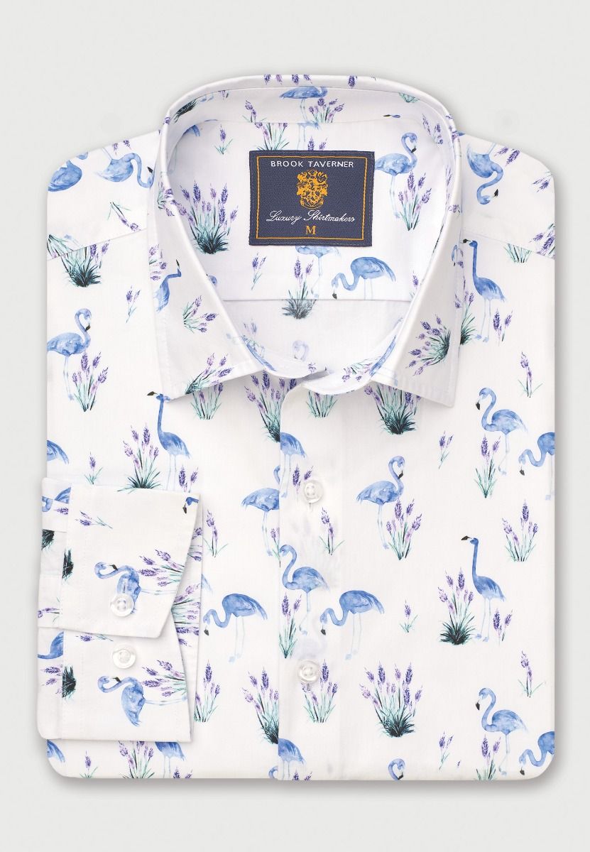 Regular Fit White Flamingo Print Cotton Shirt