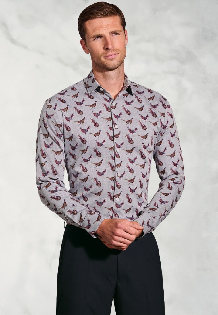 Regular Fit Silver Grey Pheasant Print Cotton Shirt