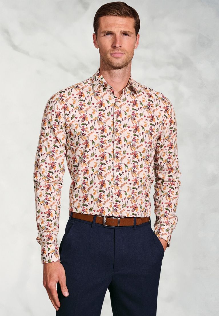 Regular Fit Ecru Acorn Print Cotton Shirt