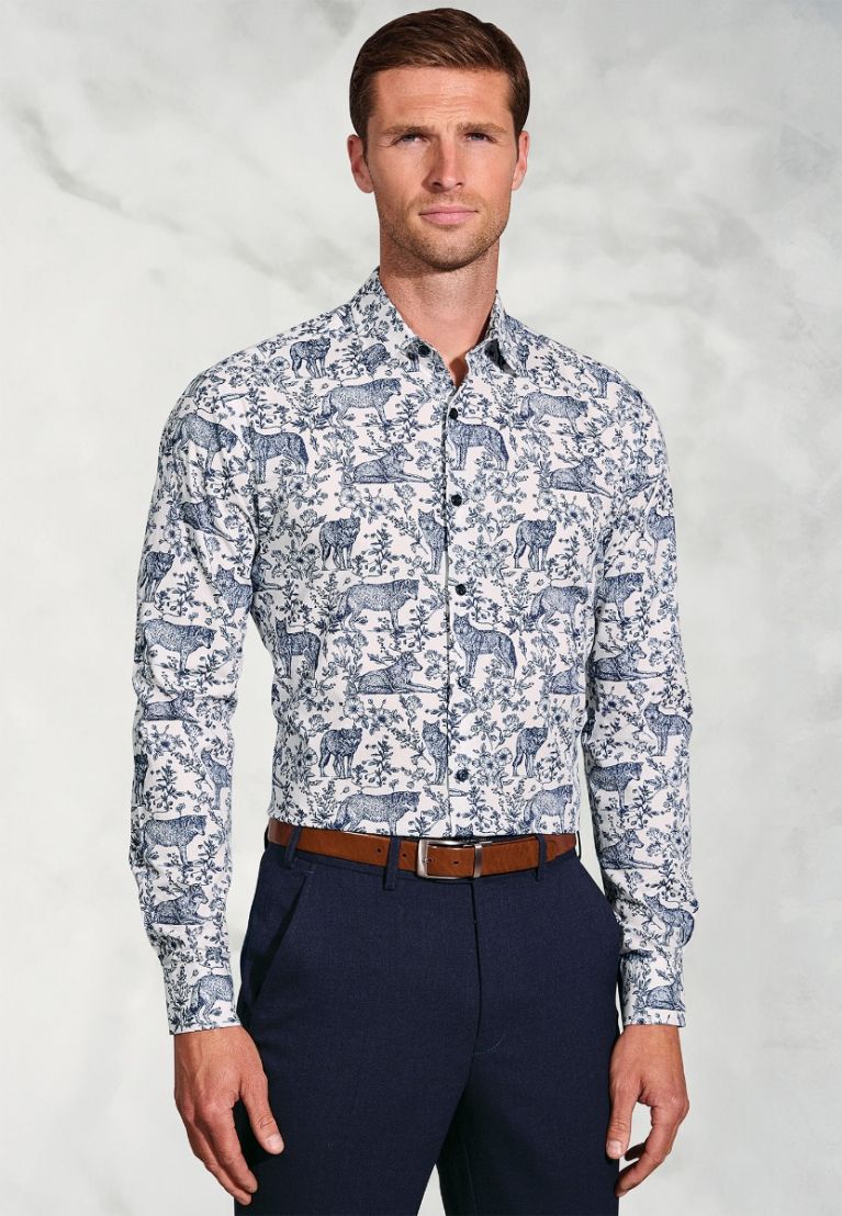 Regular Fit Navy Wolf Print Cotton Shirt
