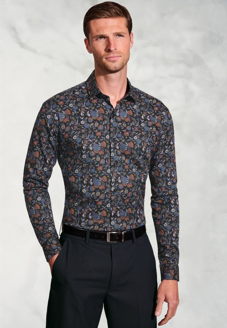 Regular Fit Black Multi Ornate Floral Print Cotton Shirt