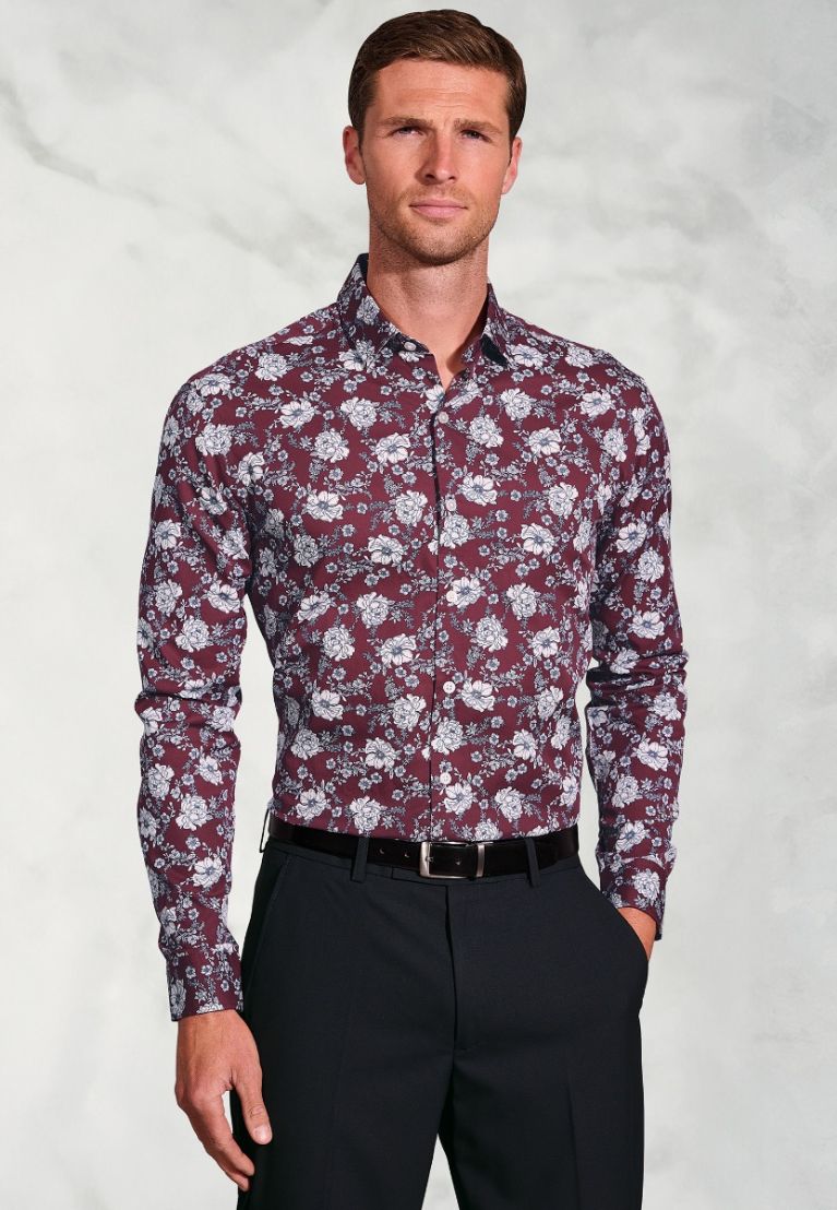 Regular Fit Burgundy Large Floral Print Cotton Shirt