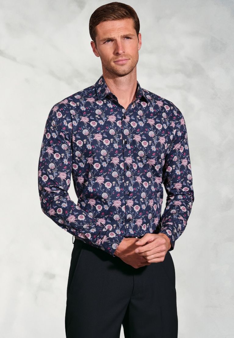 Regular Fit Navy Ornate Floral Print Cotton Shirt