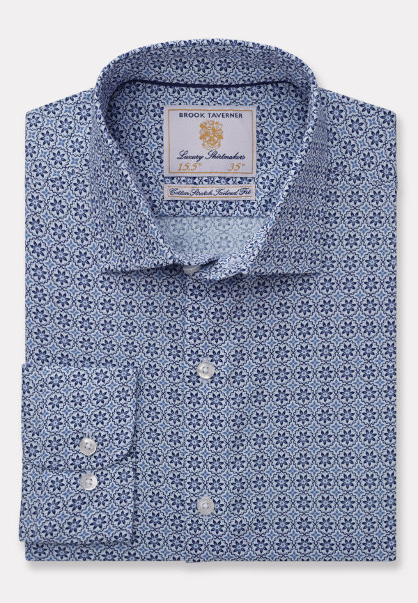Mid Blue with Floral Print Cotton Poplin Shirt (4253BT)