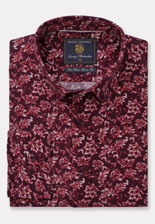 Merlot Floral Print Velvet Touch Needle Cord Shirt (4263AT)